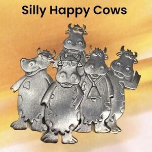 Vintage Holstein JJ Jonette Jewelry Silver Tone Silly Happy Cows Brooch 1988